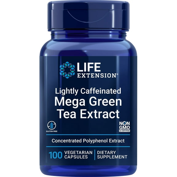 Life Extension Lightly Caffeinated Mega Green Tea Extract, 98% EGCG Polyphenols - Supports Cell, Heart & Brain Health - Gluten-Free, Non-GMO - 100 Vegetarian Capsules