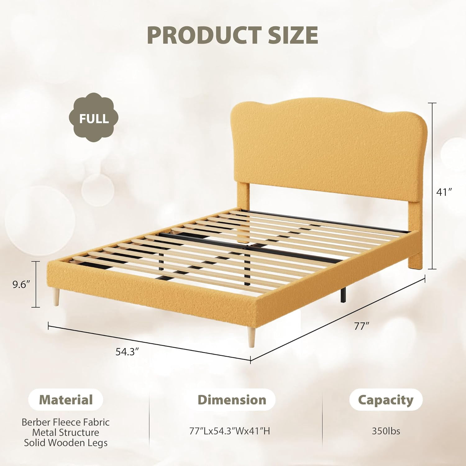 Upholstered Full Size Bed Frame with Scallop Headboard, Cute Velvet Full Bed , Sturdy Platform Bed, No Box Spring Needed, Wooden Slats, Noise Free, Yellow