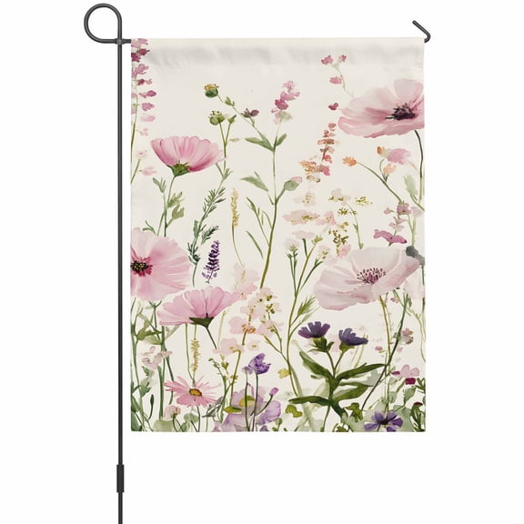 Spring Floral Garden Flags For Outdoor, Watercolor Pink Poppy Floral Leaf Botanical Pastoral Plant Small Double Side Yard Flags Weather Proof Garden Decor for Lawn Outside Holiday 12 x 18 Inches