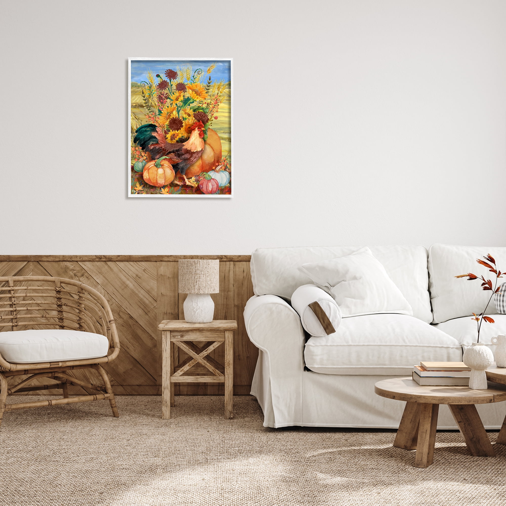Stupell Industries Autumnal Rooster & Sunflowers Animals & Insects Painting White Framed Art Print Wall Art, 24 x 30