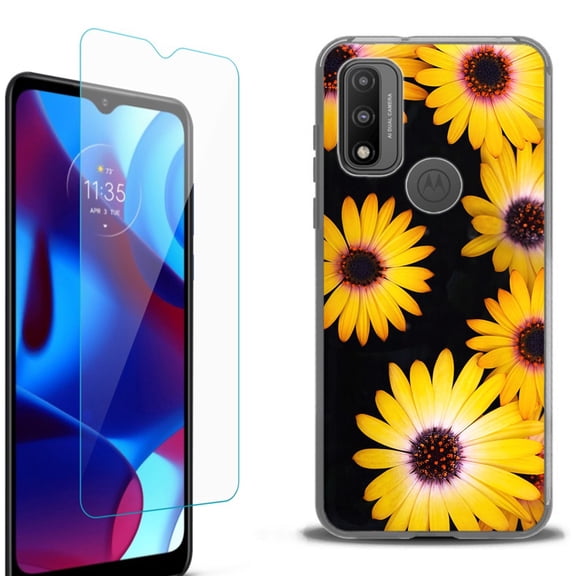 Slim-Fit Fashion Phone Case for Motorola Moto G Pure, with Tempered Glass Screen Protector, by OneToughShield ® - Yellow Flower