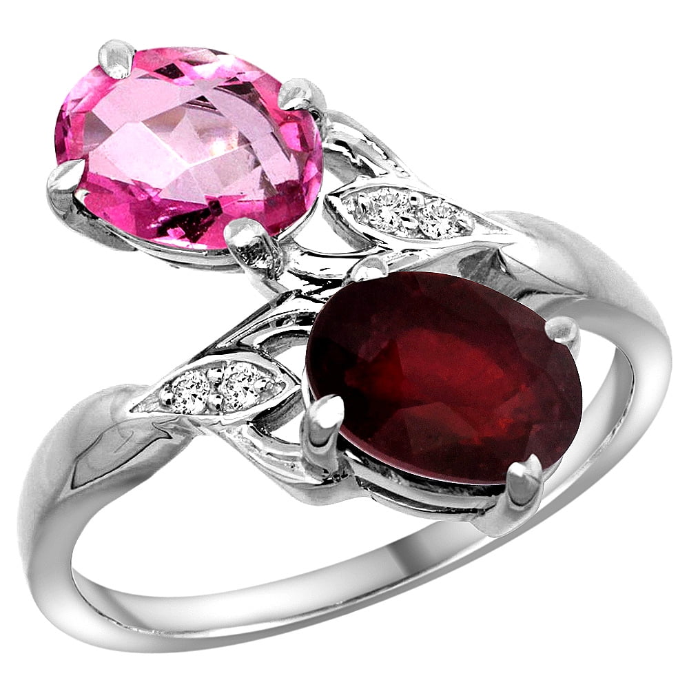 10K White Gold Diamond Natural Pink Topaz & Enhanced Genuine Ruby 2-stone Ring Oval 8x6mm, sizes 5 10 by WorldJewels
