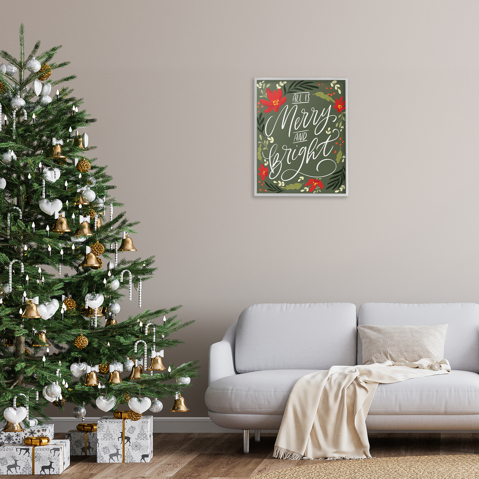 Stupell Industries Floral Merry and Bright Holiday Painting Gray Framed Art Prints Wall Art, 24 x 30