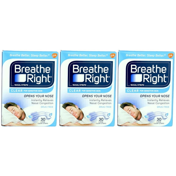 Breathe Right Clear Nasal Strips, Clear, Small/Medium, 30 Ct (3 Pack) (Bundle)