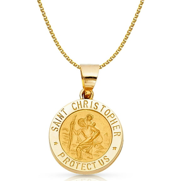 Ioka-14K Yellow Gold St. Christopher Charm Pendant with 1.7mm Flat Open Wheat Chain Necklace - 16"