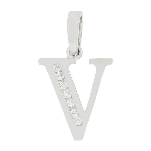14k Gold White Rhodium, Initial Capital Letter V Pendant Charm Created CZ 11mm Wide with 18" Dainty Neck Chain
