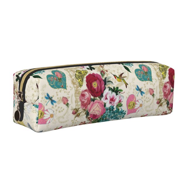 Easygdp Bird Butterfly Rose para Estuche de Lápices de Cuero, Estuche de Papelería de Cuero, Estuche de Gran Capacidad con Cremallera