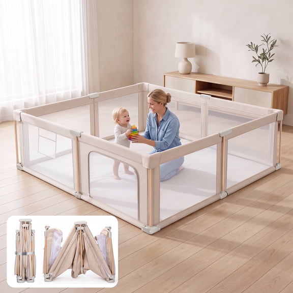 71"x59" Foldable Baby Playpen with Mat,Play Yards for Toddlers,Baby Fence with Breathable Mesh,Anti-Fall Pads,Storage Bag,2 Pull up Rings,Khaki