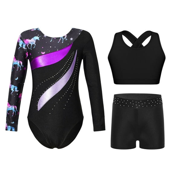 TiaoBug Kids Girls Gymnastics Leotard Dance Outfits Long Sleeve Rhinestone Bodysuit with Crop Top Short Black&Purple 6