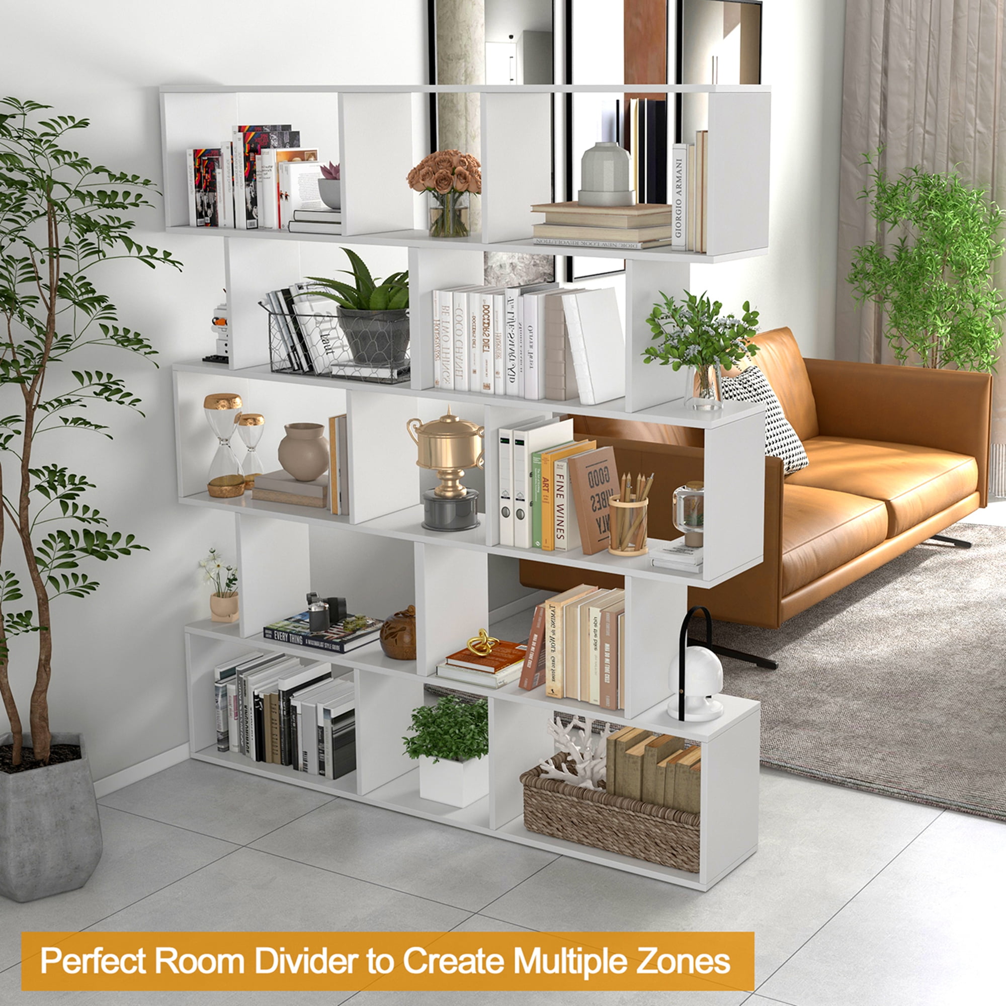 Costway 1 PC 5-Tier Bookshelf Geometric S-Shaped Bookcase Room Divider Storage Display Shelf White