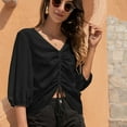 thumbnail image 4 of Camisa de gasa con manga de siete puntos y cordón de moda informal con cuello en V para mujer (negro), 4 of 5