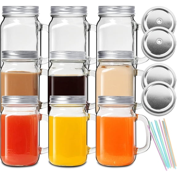 16 Oz Mason Jar Cups With Handle and Lids, Drinking Glass Iced Coffee Cups Set, with Straw Hole for Juice, Kombucha, Tea,coffee, Smoothie –9 Pack