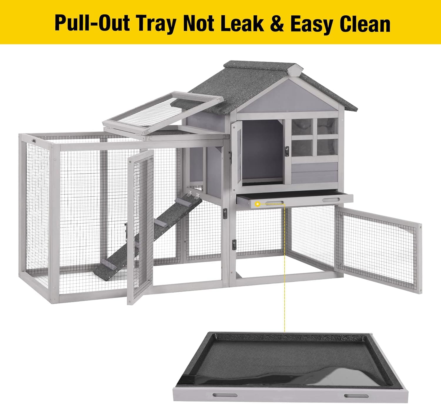 51.6" LRabbit Hutch Indoor Outdoor Bunny Cage Rabbit cage with Run, Deeper No Leak Tray, Weatherproof