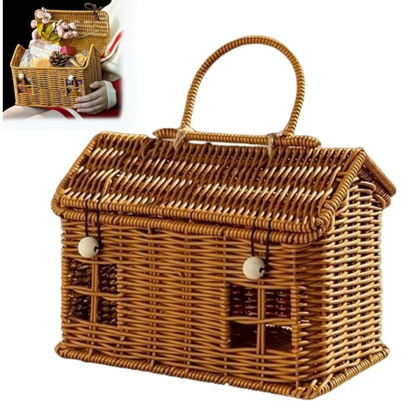 Wicker Picnic Basket: Empty Picnic Baskets with Lid, House Shaped Woven Basket with Folding Handle, Natural Harvest Basket Wicker Basket for Picnics, Easter, Organizing, Storage and More