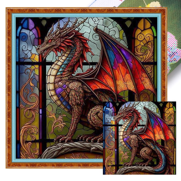 (18CTAFF-264__C__40x40) Hilo algodón ecológico bordado 18CT 2 hebras impresión 40*40cm pintura vidrio-Kit serie punto cruz pterosaurio