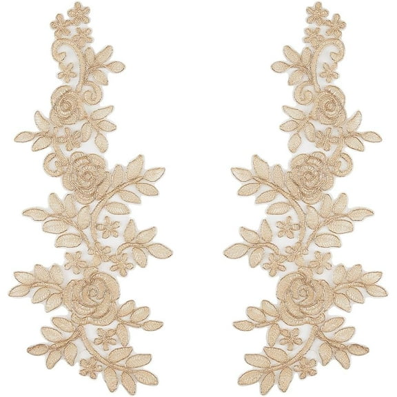 2 Pairs 3D Embroidered Flower Lace Patches Appliques Decorative Floral Leaves Sew on Patch DIY Collar Sewing Fabric Applique for Wedding Dress Bridal Dress Costume Hat Bag Jeans Wheat