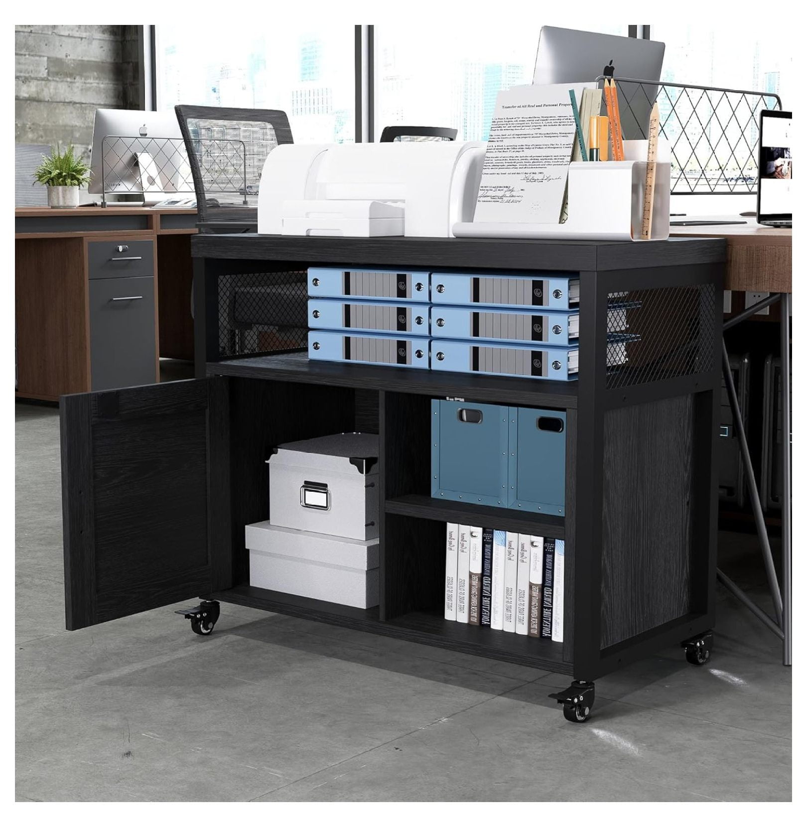 Farmhouse Printer Stand with Storage, Rolling Printer Cabinet with Shelves, Station, Wheels, and File Cabinet for Home Office Storage (Black)