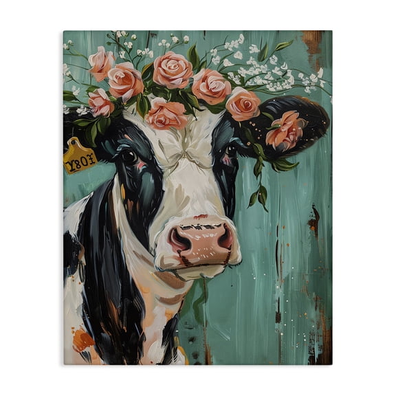 Stupell Industries Floral Cow on teal Animals Painting Wrapped Canvas Art Print Wall Art, 16 x 20