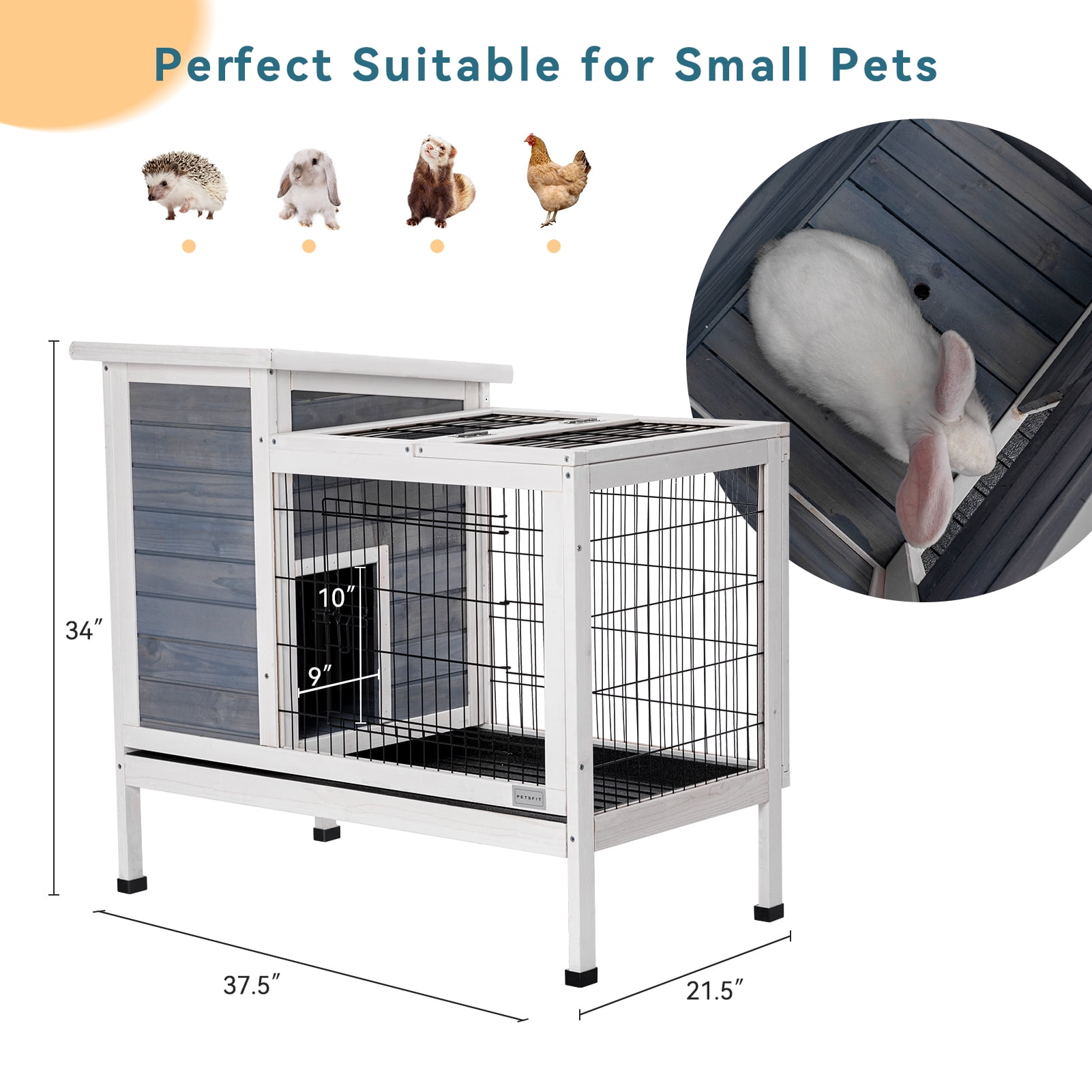 PETSFIT Guinea Pig House Leak Proof Design, Spruce Wood Rabbit Hutch with Bottom Net Hideout for Rest and Ramp for Enter and Out Solid Gray