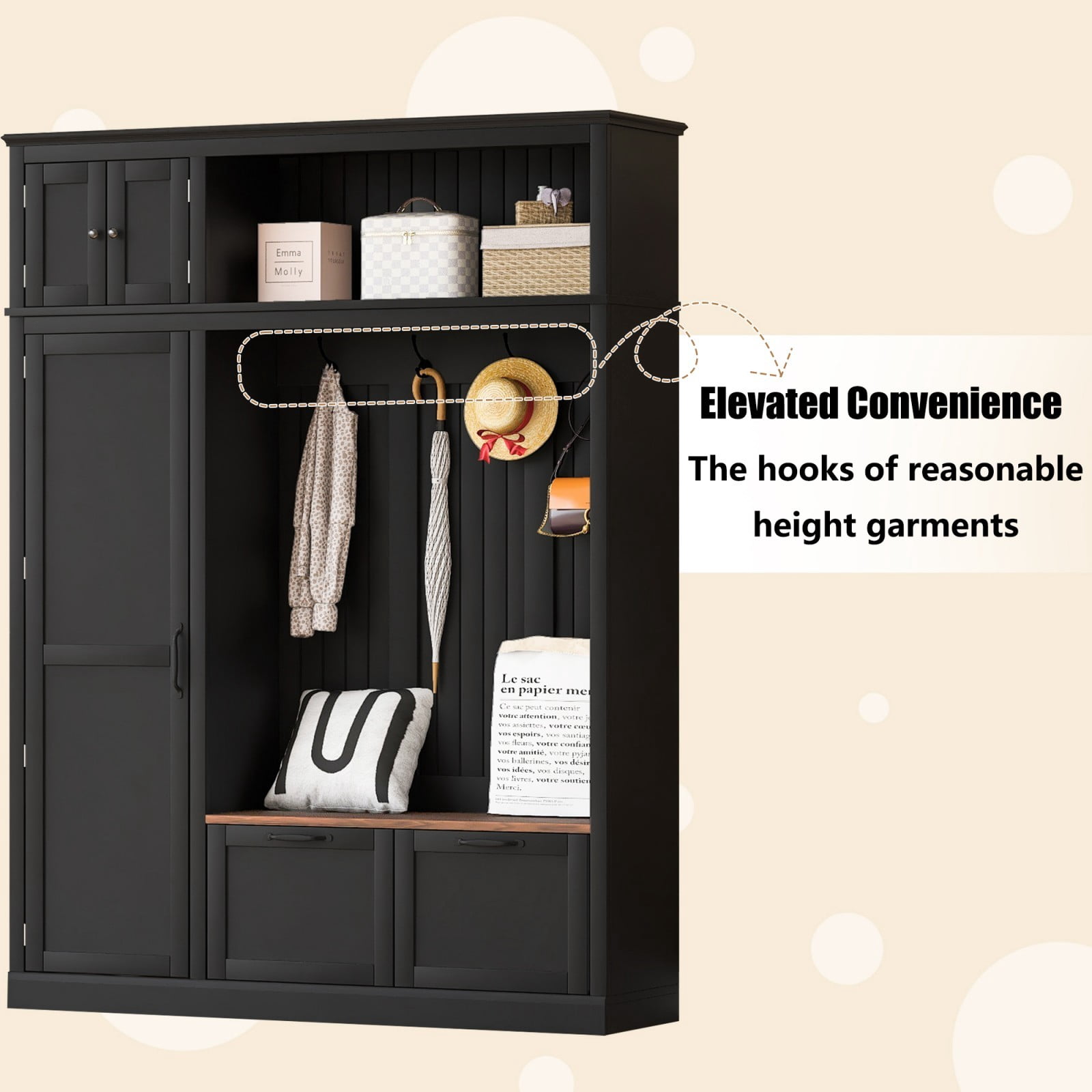59" W 4-in-1 Entryway Hall Tree with Padded Bench, Coat Rack with 4 Hooks, Shoe Storage Bench & Multi-Tier Shelves, Mudroom Organizer for Hallway Living Room, Antique Black