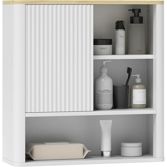 Medicine Cabinet with Adjustable Shelves, Bathroom Wall Cabinet with Fluted Panel Door, Bathroom Cabinet with Curved Profile Design, White