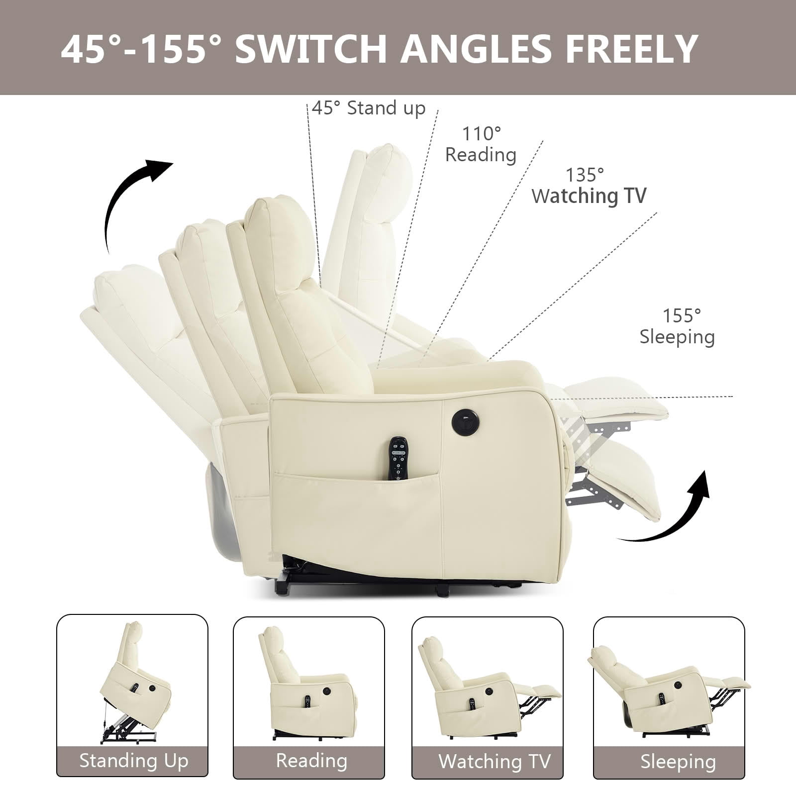 MAYEERTY Beige PU Leather Power Lift Recliner Chair, Massage Heat USB Port 25"x36"x39" for Elderly