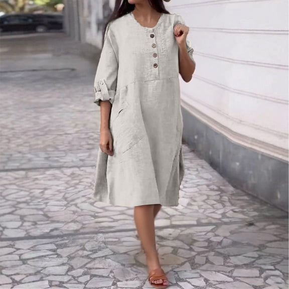 Women’s Linen Dress, Loose Fit Casual Long Sleeve Dress with Pockets, Button Front Comfortable Breathable