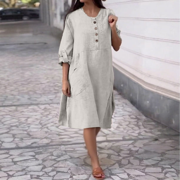 mfyjkho Vestidos midi para mujer, Vestido holgado informal de lino de color liso con bolsillos laterales y botones de manga larga para mujer Vestidos de otoño xxl