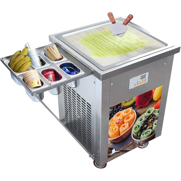 Square Pan Ice Cream Roll Maker with 6PCS Buckets, Fast Cooling Fried Ice Cream Rolling Machine, Stainless Steel 304 Ice Pan Stir Fry Machine For Dessert Shops, Ice Cream Shop