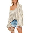 thumbnail image 1 of Qiylii Women Loose Knitwear, U-shaped Collar Balloon Sleeve Stripe Pattern Tops, 1 of 7