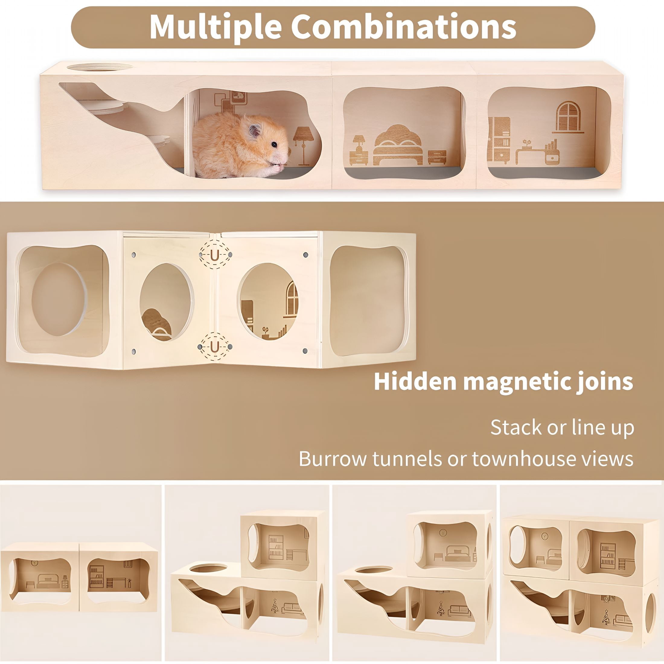 XIBUFE Guinea Pig Hideout Wooden House Chamber Small Animals Pets Tunnel Exploring Toys for Dwarf Hamsters, Syrian Hamsters, Gerbils, Hedgehogs, Rats, Mice, Chinchilla (Living Room)