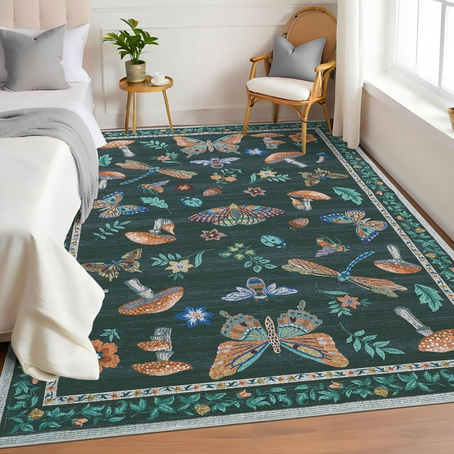 Hasoo Washable Office 9' x 12' Indoor Carpet Polyester Black Stain-Resistant Insect Floral Area Rug for Room Decor