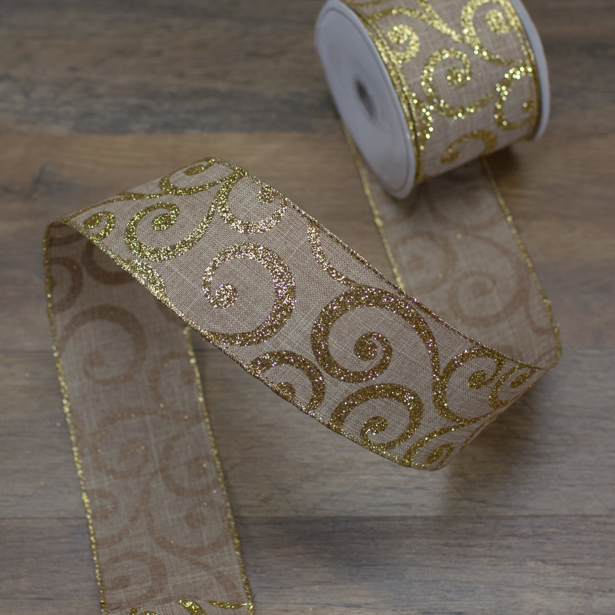 Northlight Burlap and Gold Scroll Christmas Wired Craft Ribbon 2.5" x 10 Yards