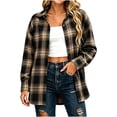thumbnail image 2 of Women's Collared Loose Long Sleeve Plaid Shirt,Oversized Casual Button Down Shacket Jacket,Coffee,Women's Plus Size L, 2 of 7
