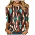 thumbnail image 2 of Cagogo Women's Tshirts Summer Basic Tops Dressy Casual 3/4 Length Sleeve Vintage Aztec Western Scoop Neck Ethnic Style Tunic Tops for Leggings Holiday Beach Black Clothes Outfits, 2 of 5