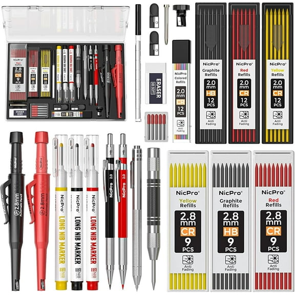 Nicpro 24 Pack Carpenter Pencil Set with Sharpener, Mechanical Carpenter Pencils with 79 Refills, Deep Hole Marker, Carbide Scribe Tool, Heavy Duty Construction Pencil for Architect Woodworking