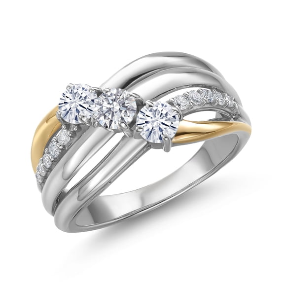 Gem Stone King 925 Silver and 10K Yellow Gold Moissanite and Lab Grown Diamond Engagement Ring for Women | 0.88 Cttw | Round 4MM | Birthstone | Size 7