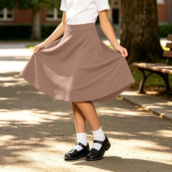 Knee Length Long Skorts for Girl Plain Uniform Skirts with Built in Shorts Modest Dressy Skirts for Girls (Coffee 120/6Y)