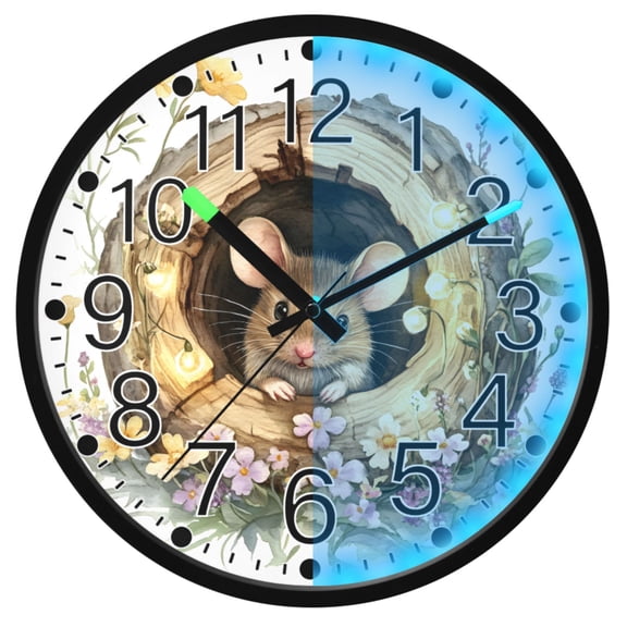 Ryvnso Watercolor Mouse 12 Inch Night Light Wall Clock Silent Battery Operated Luminous Clocks