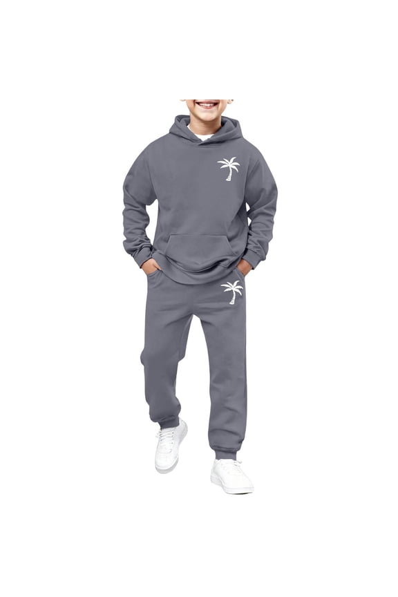 Boys Outfits Coconut Tree Print Pullover Hoodie Sweatpants Set, Sizes 2-13