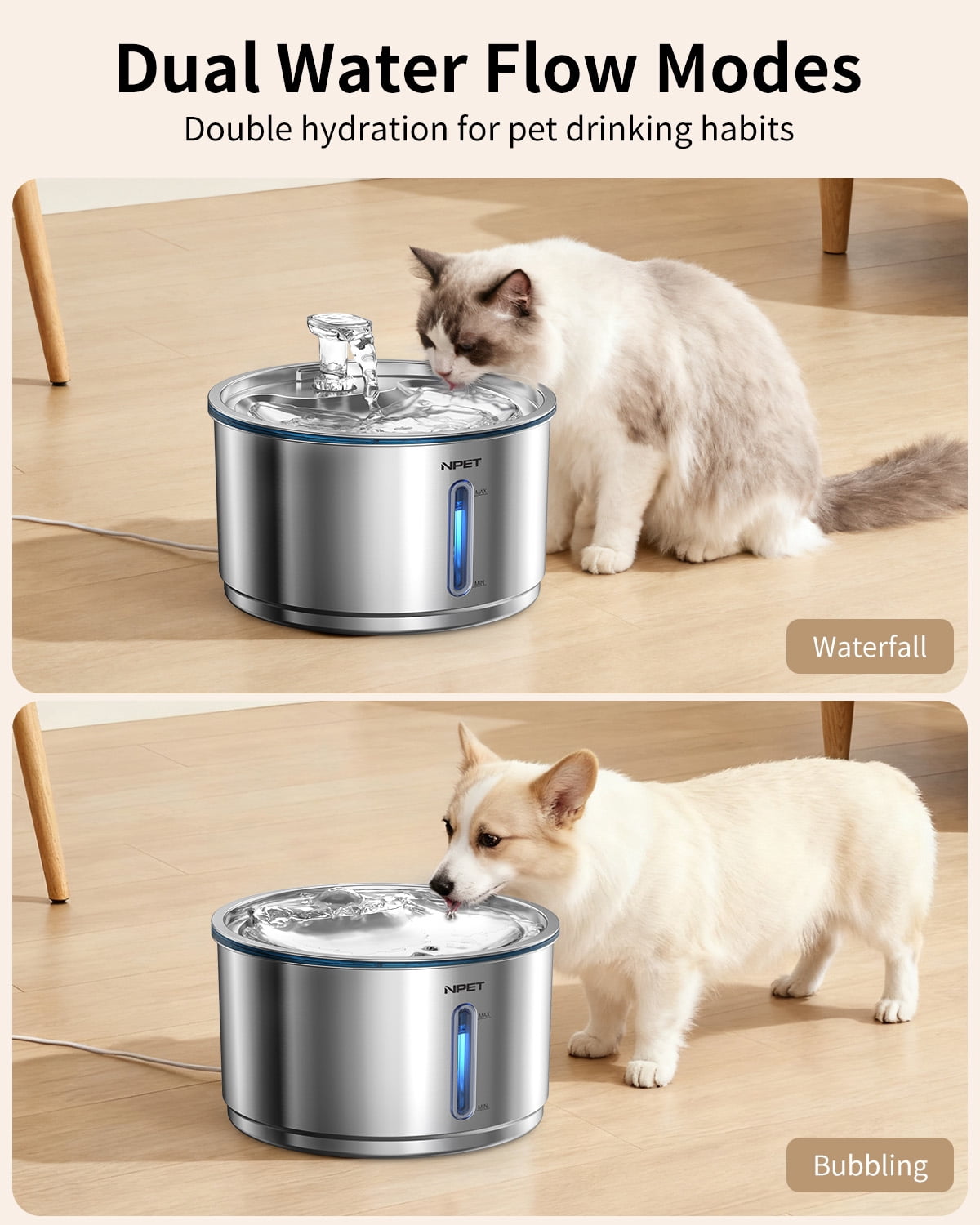 NPET 1 Gallon Stainless Steel Pet Water Fountain Quiet Filtered Cat Drinking Water Dispenser For Cats, Dogs