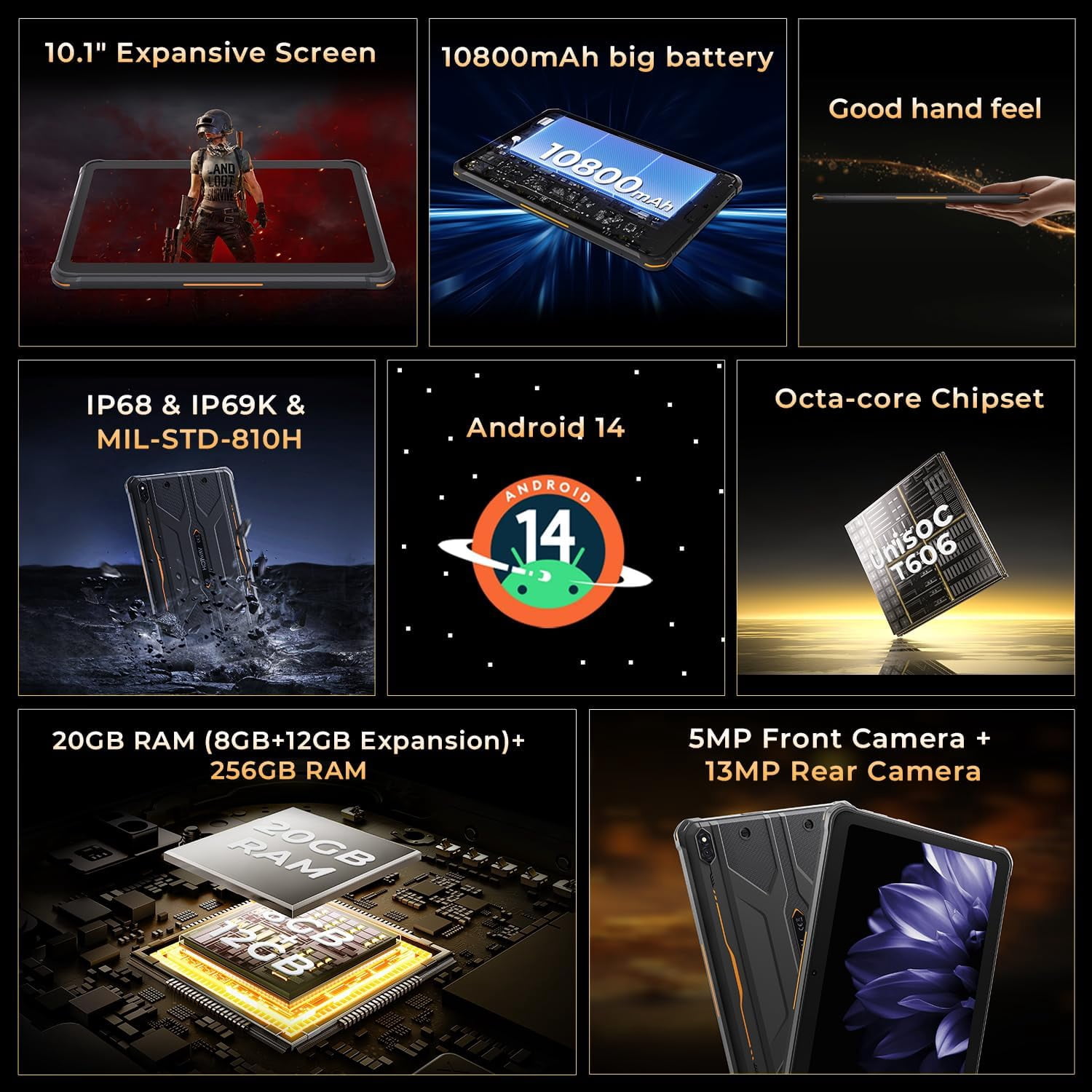 HOTWAV R10 Pro Rugged Tablet, 20GB 256GB/TF 1TB Android 14 Tablet, 10.1inch HD Waterproof Tablets, 10800mAh Battery