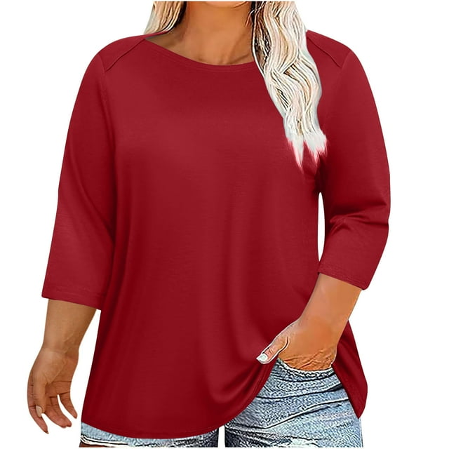 Kaemgyyd 3/4 Length Sleeve Womens Tops 2025 Fashion Crewnec T-Shirts Plus Size Basic Solid Color Tee Gym Workout Clothes