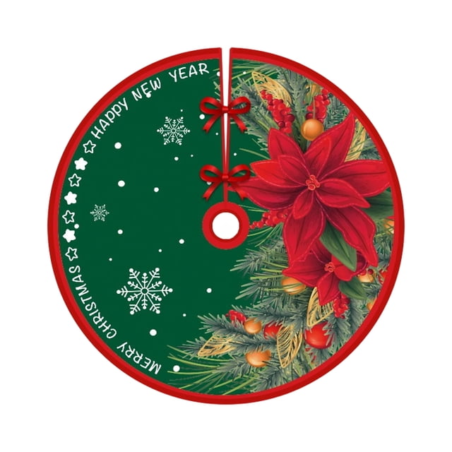 A 90Cm Christmas Tree Skirt Polyester Fabric Red Gold Snowflake Star Print For Tree Base Durable Easy To Clean