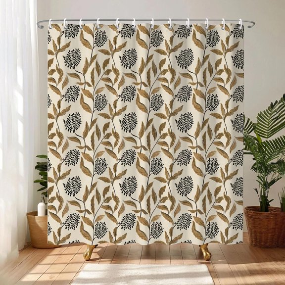 Botanical Shower Curtain Floral Leaf Pattern Fabric Bathroom Decor with Hooks 71x71 Inches Beige and Black