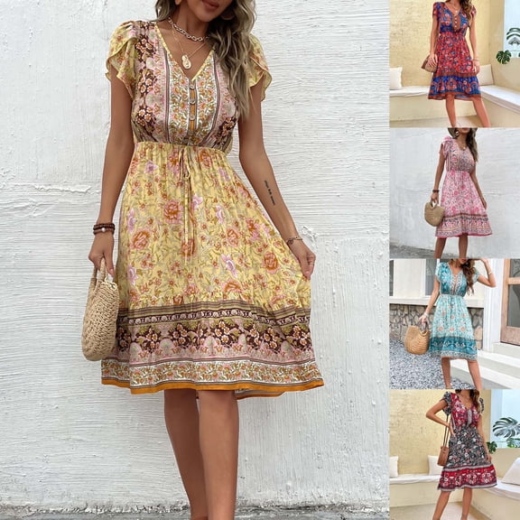 ZUBKTE Bohemian Printed V-Neck Petal Sleeve Knee-Length Beach Vacation Dress
