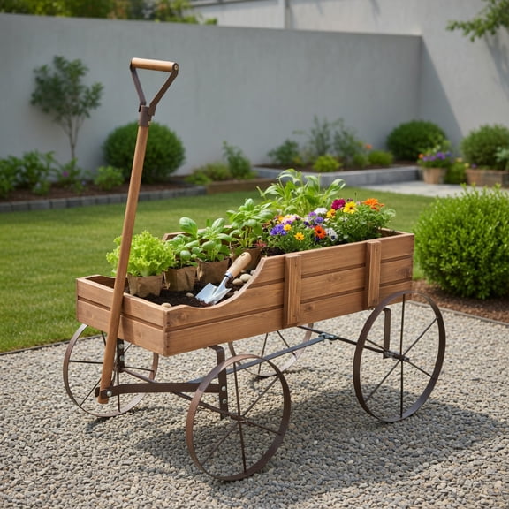 Resenkos Raised Planter Boxes, Large Space Elevated Flower Beds,Wooden Wagon Plant Bed With Wheel for Garden Yard-Brown
