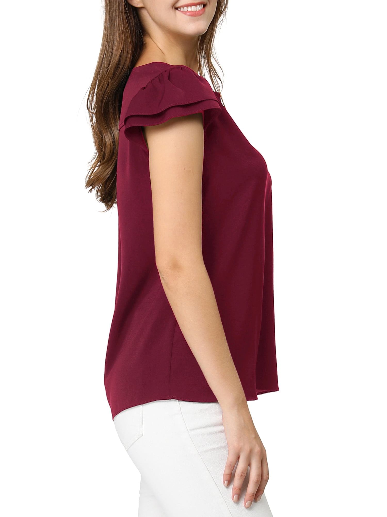 DARING DIVA Women's V Neck Casual Solid Cap Blouse Top XL Burgundy