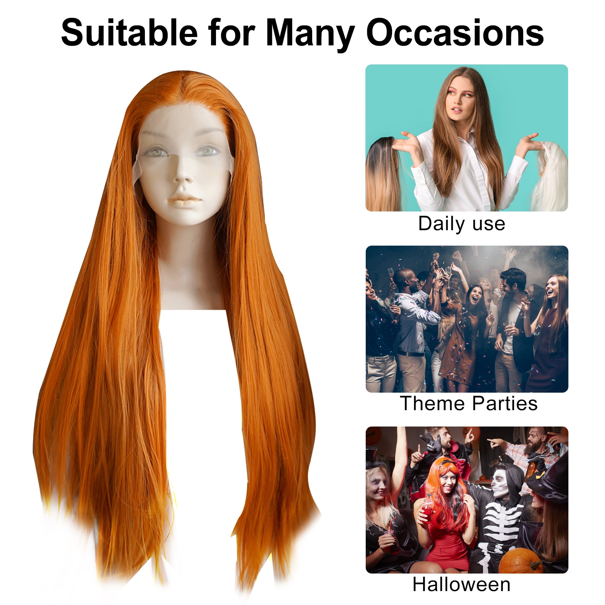 Unique Bargains Lace Front Wigs for Women 24" Orange Long Straight Hair with Wig Cap