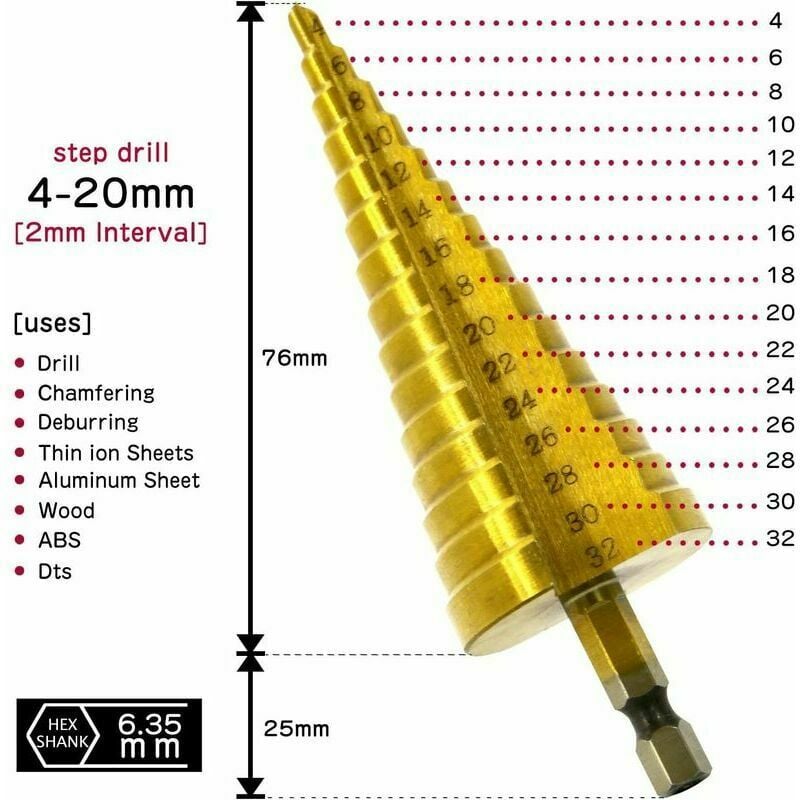 Set Of 3 Step Drill Bits, Stainless Steel Metal, 4-12/20/32Mm, Titanium Conical Triangle, With Hexagon Shank, For Drilling Screwdriver On Steel, Brass, Wood, Plastic